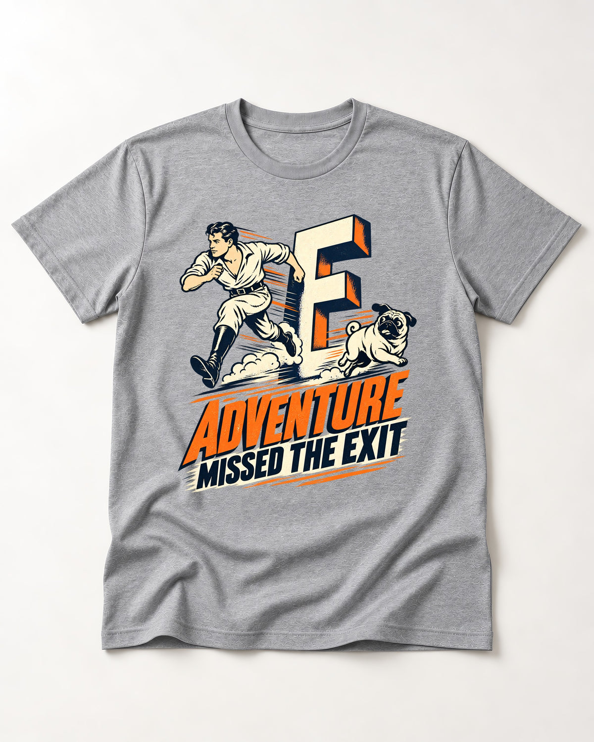 Pug Adventure Missed the Exit Running Graphic T-Shirt in Sport Grey, flat lay product photo