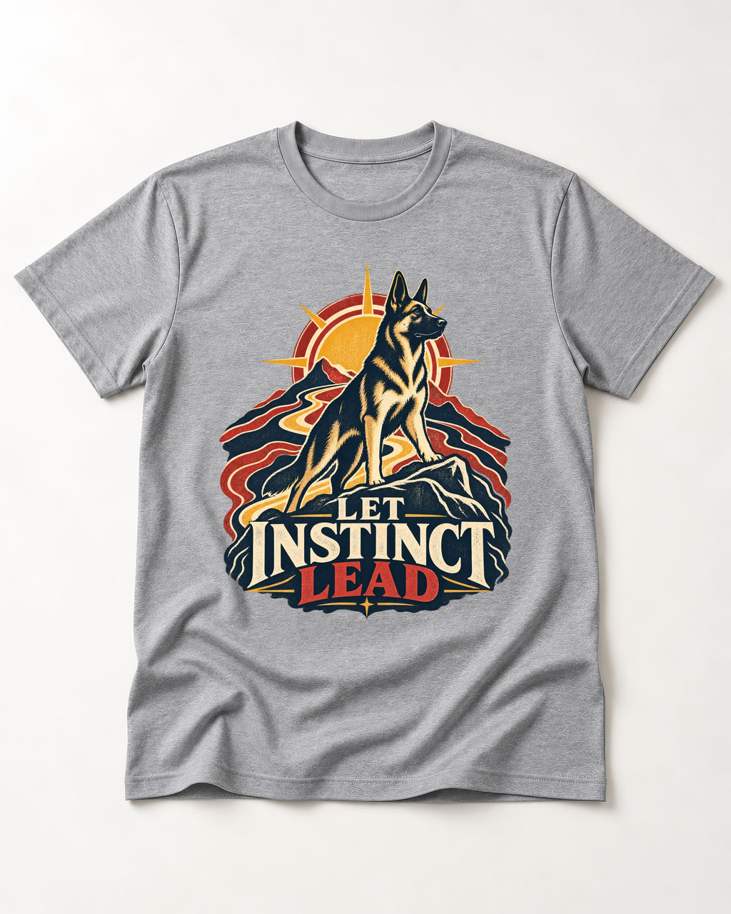 Let Instinct Lead Sunrise German Shepherd Dog Graphic T-Shirt in Sport Grey, flat lay product photo