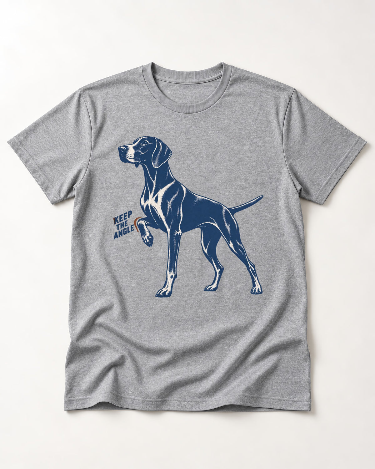Keep the Angle German Shorthaired Pointer T-Shirt in Sport Grey, flat lay product photo