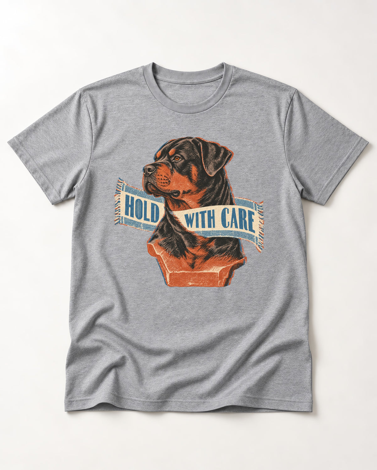 Rottweiler Hold with Care T-Shirt in Sport Grey, flat lay product photo