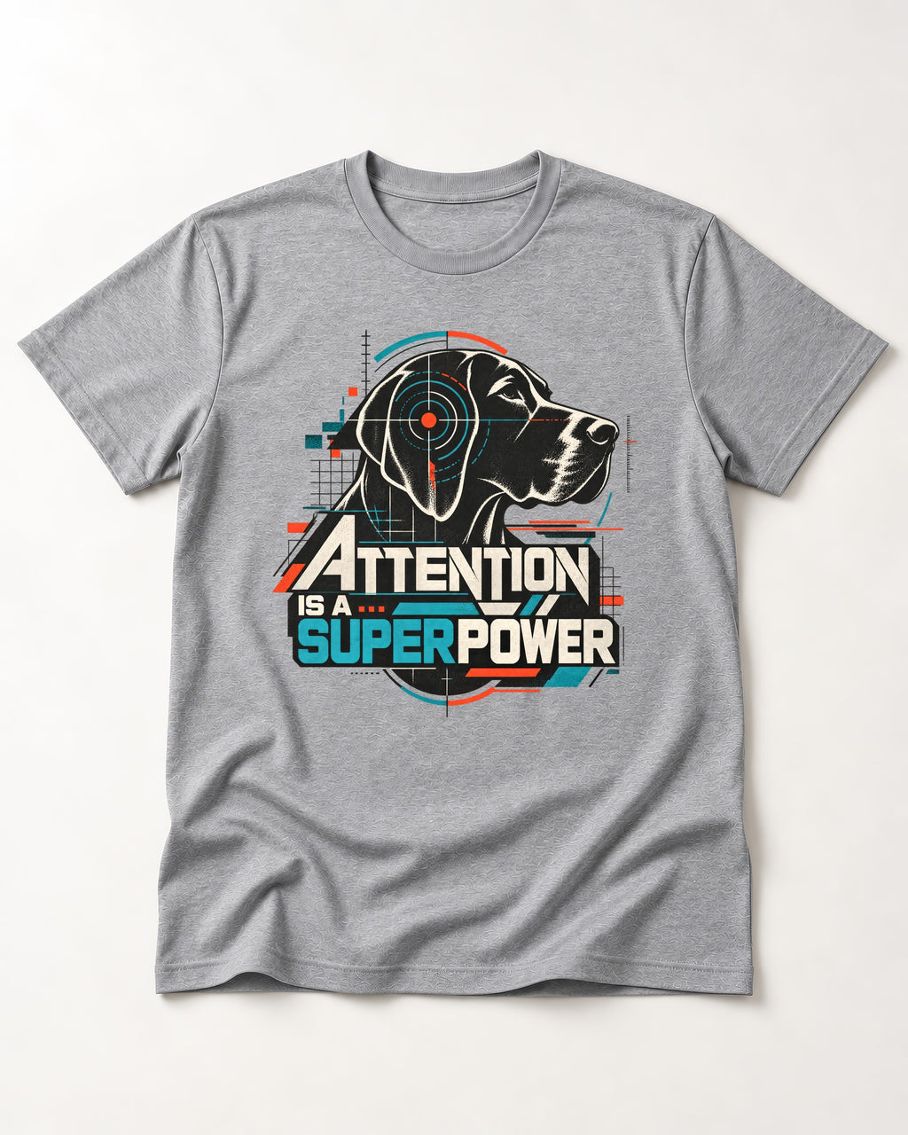 German Shorthaired Pointer Attention Is a Superpower T-Shirt in Sport Grey, flat lay product photo