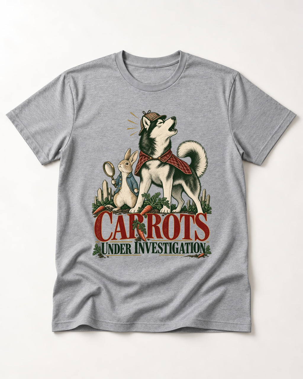 Carrots Under Husky Investigation T-Shirt in Sport Grey, flat lay product photo