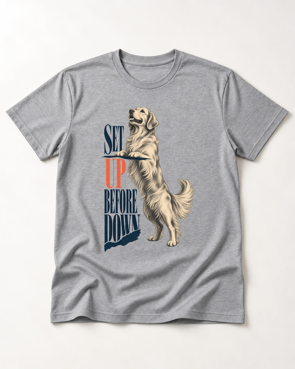 Golden Retriever Set Up Before Down T-Shirt in Sport Grey, flat lay product photo