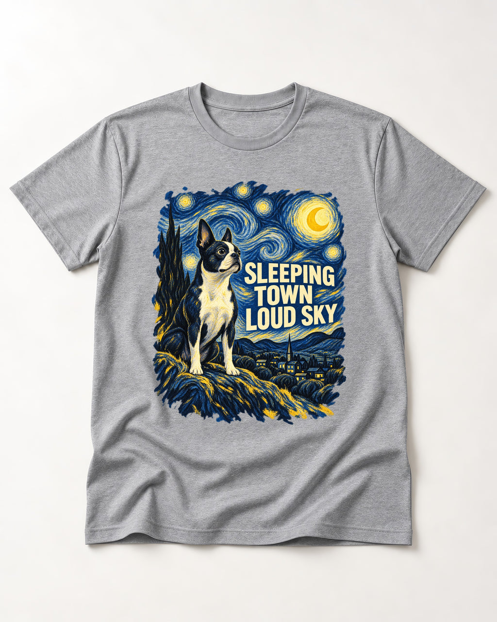 Sleeping Town Loud Sky Boston Terrier Starry Night T-Shirt in Sport Grey, flat lay product photo