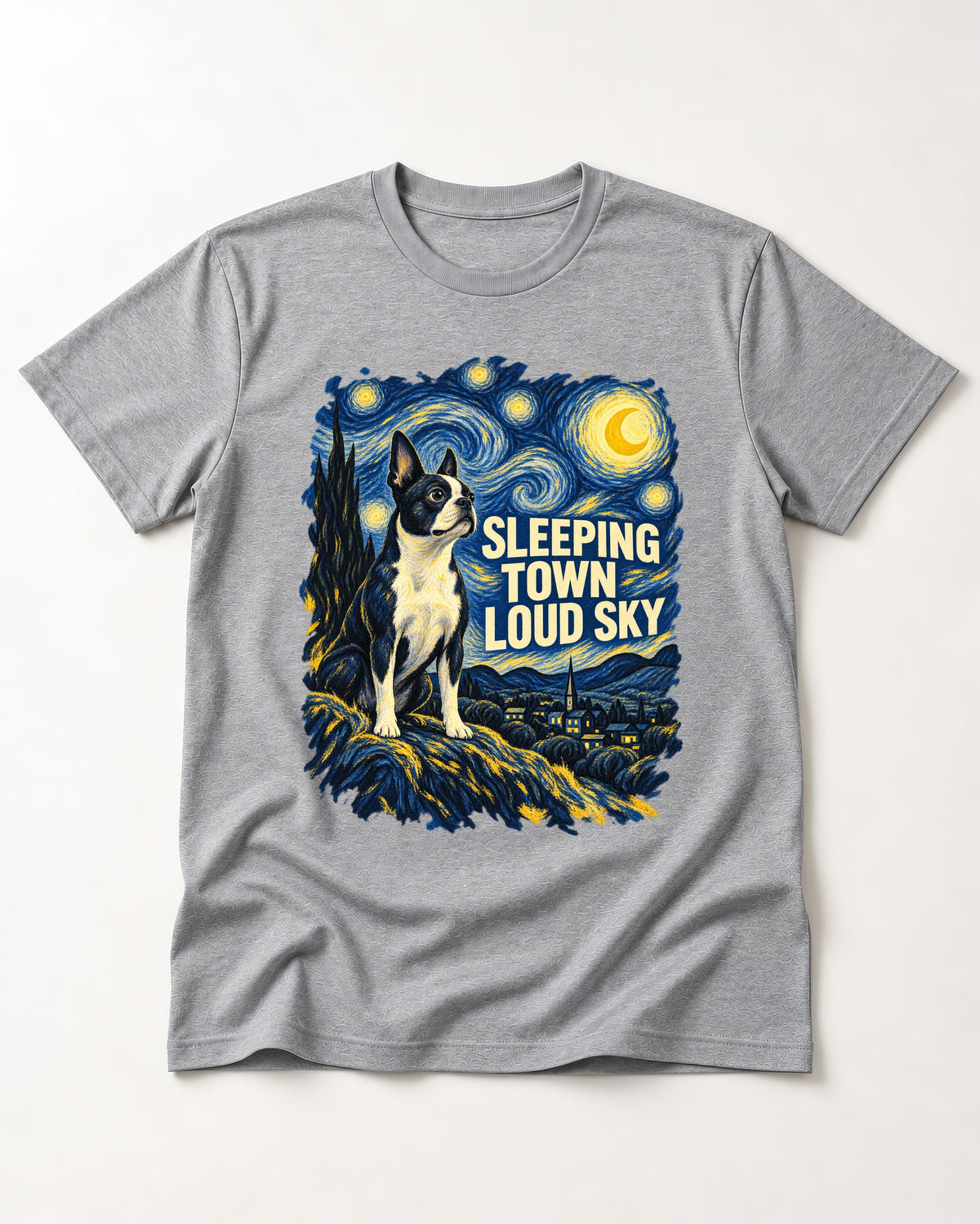 Sleeping Town Loud Sky Boston Terrier Starry Night T-Shirt in Sport Grey, flat lay product photo