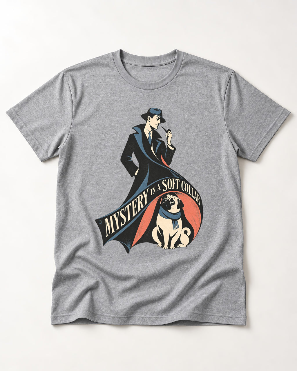 Pug Soft Collar Mystery T-Shirt in Sport Grey, flat lay product photo