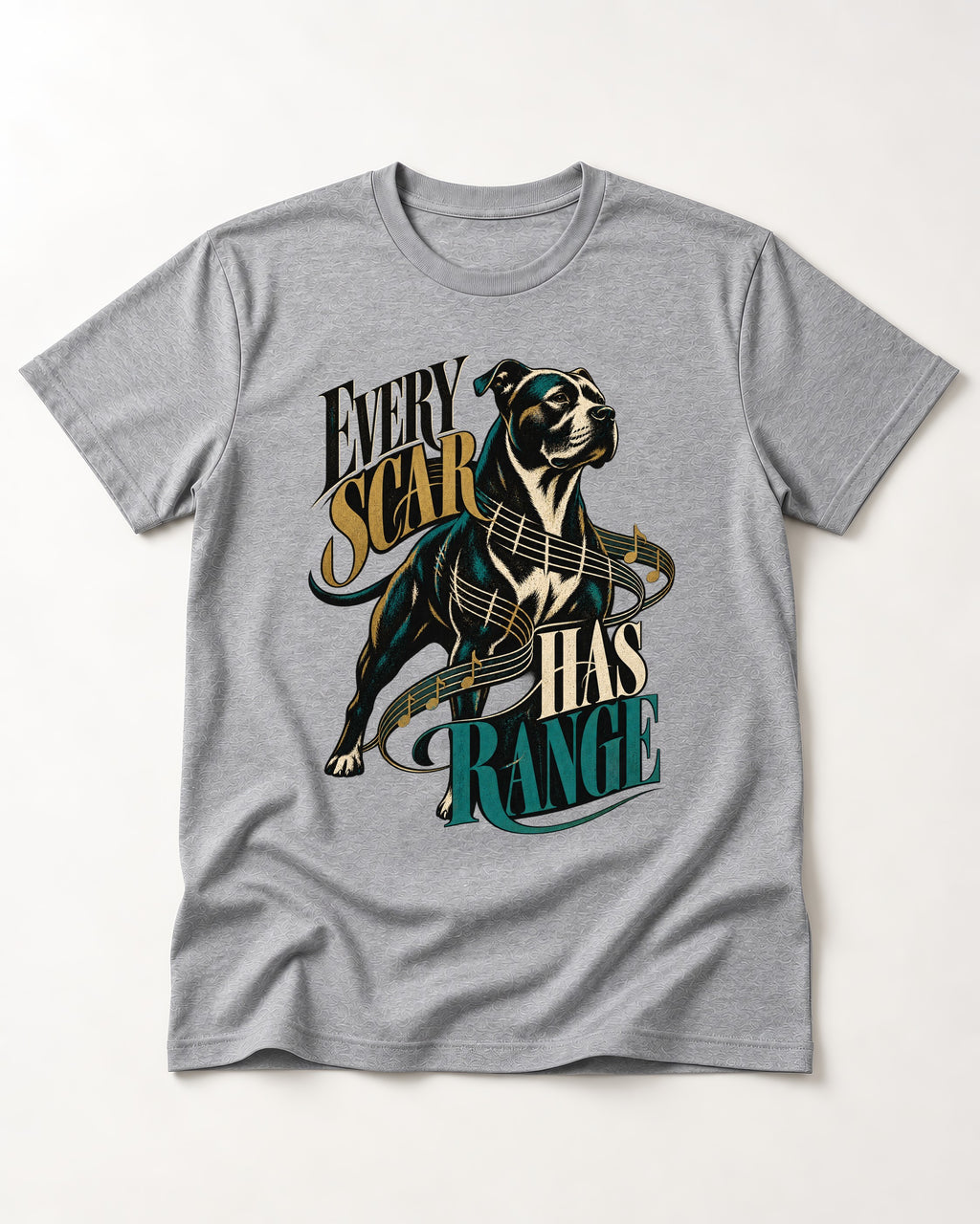 Every Pitbull Scar Has Range T-Shirt in Sport Grey, flat lay product photo