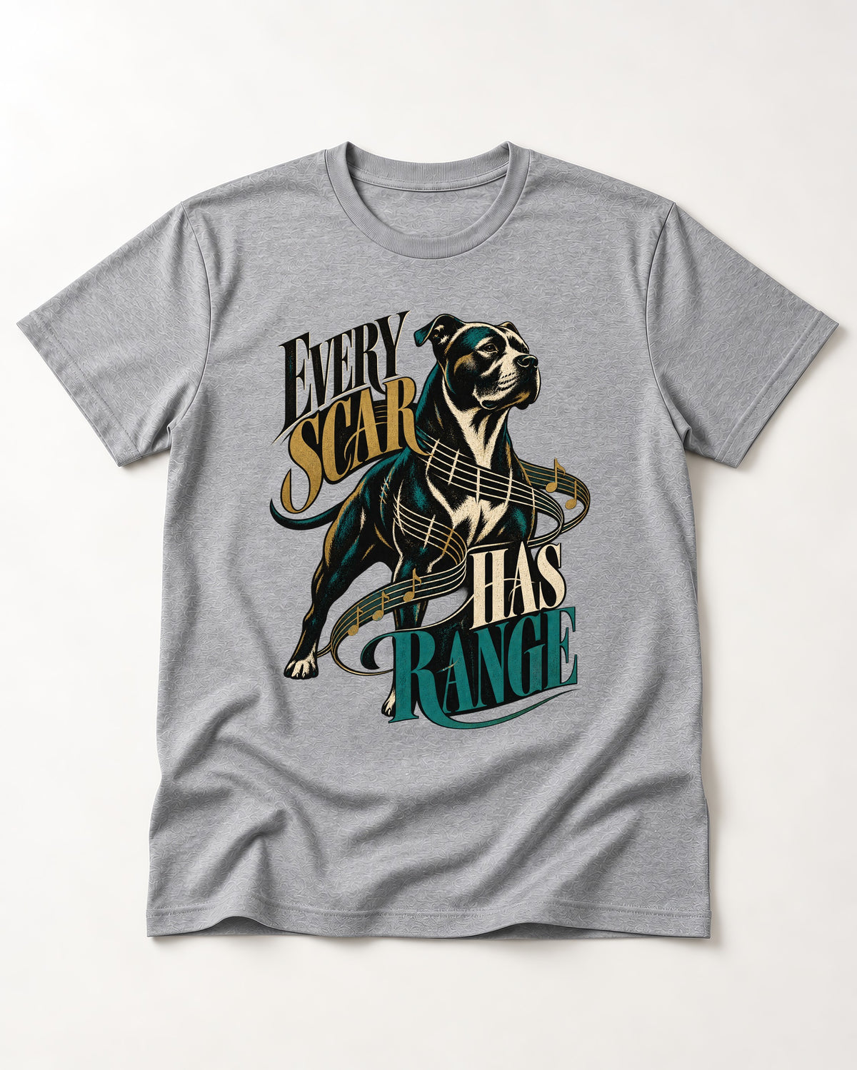 Every Pitbull Scar Has Range T-Shirt in Sport Grey, flat lay product photo