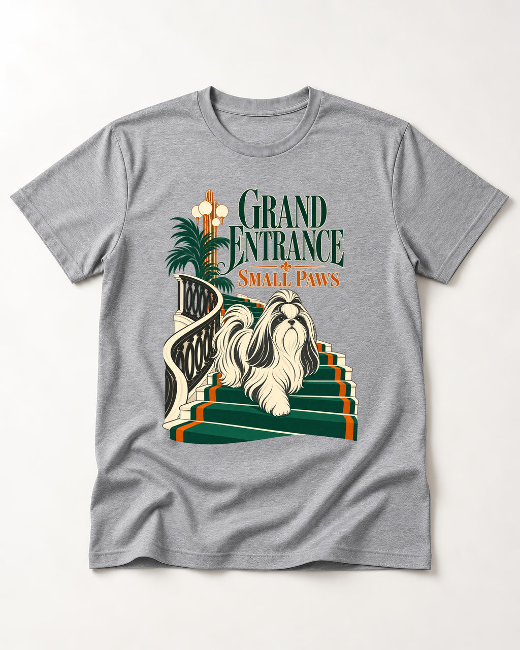 Shih Tzu Grand Entrance Small Paws Staircase Graphic T-Shirt in Sport Grey, flat lay product photo