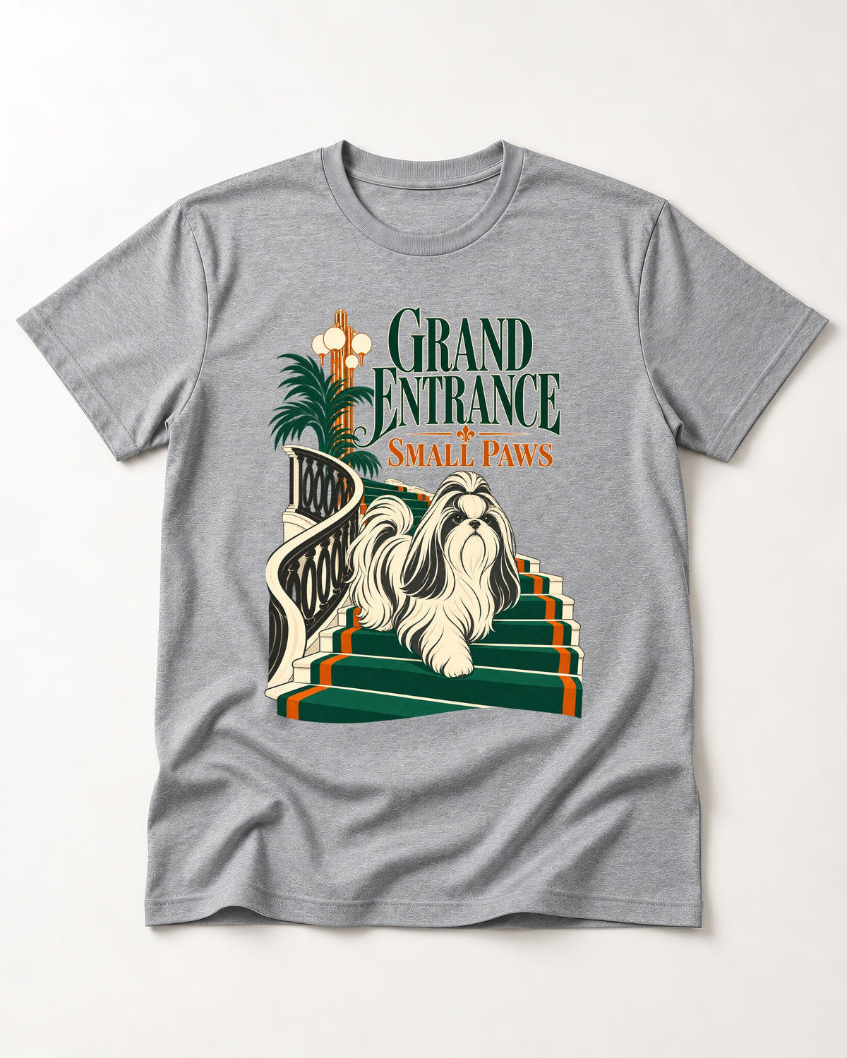 Shih Tzu Grand Entrance Small Paws Staircase Graphic T-Shirt in Sport Grey, flat lay product photo