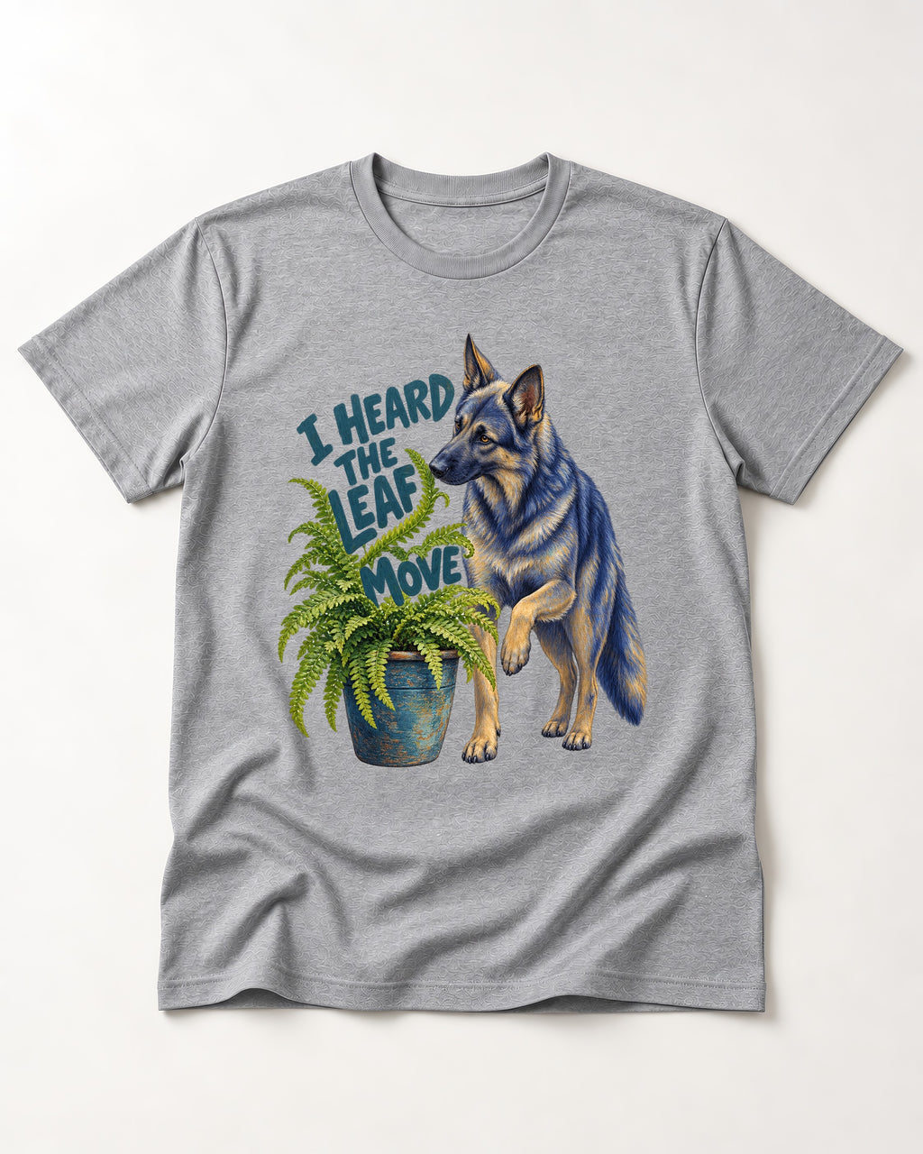 German Shepherd Dog Heard the Leaf Move T-Shirt in Sport Grey, flat lay product photo