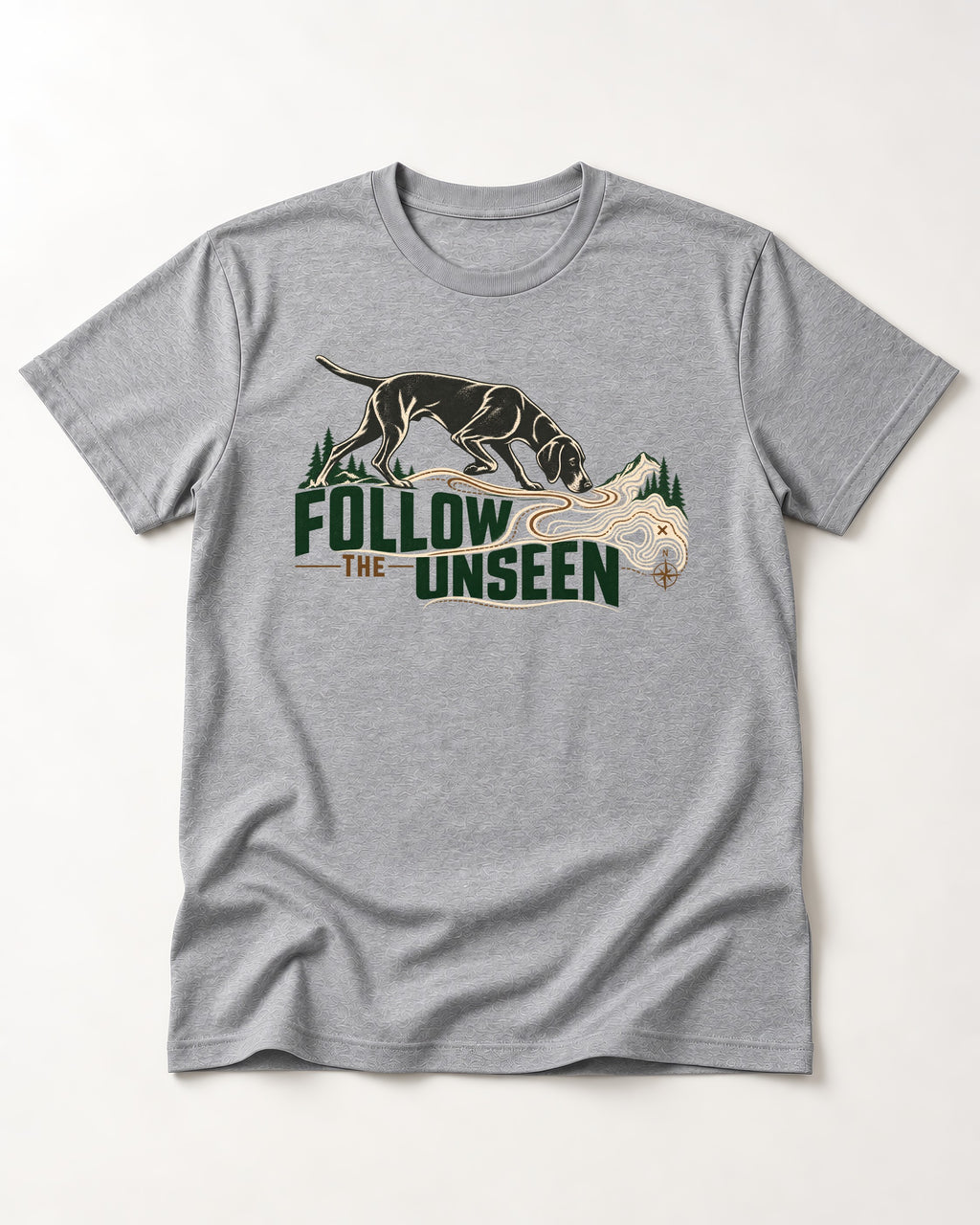 Follow the Unseen German Shorthaired Pointer T-Shirt in Sport Grey, flat lay product photo