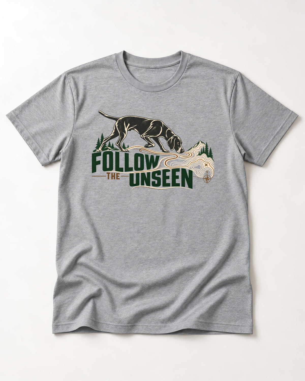 Follow the Unseen German Shorthaired Pointer T-Shirt in Sport Grey, flat lay product photo