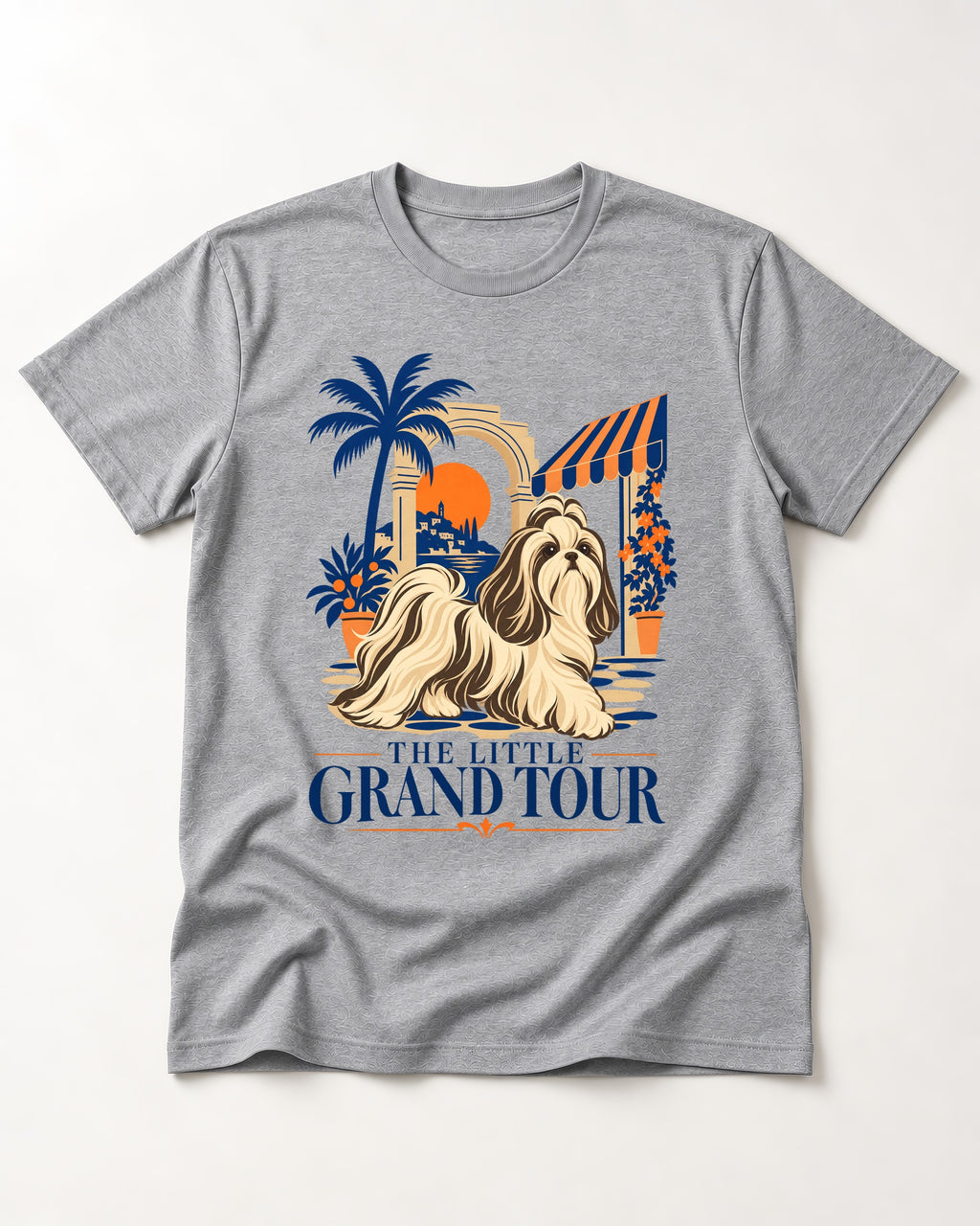 Shih Tzu The Little Grand Tour Mediterranean Courtyard Graphic T-Shirt in Sport Grey, flat lay product photo