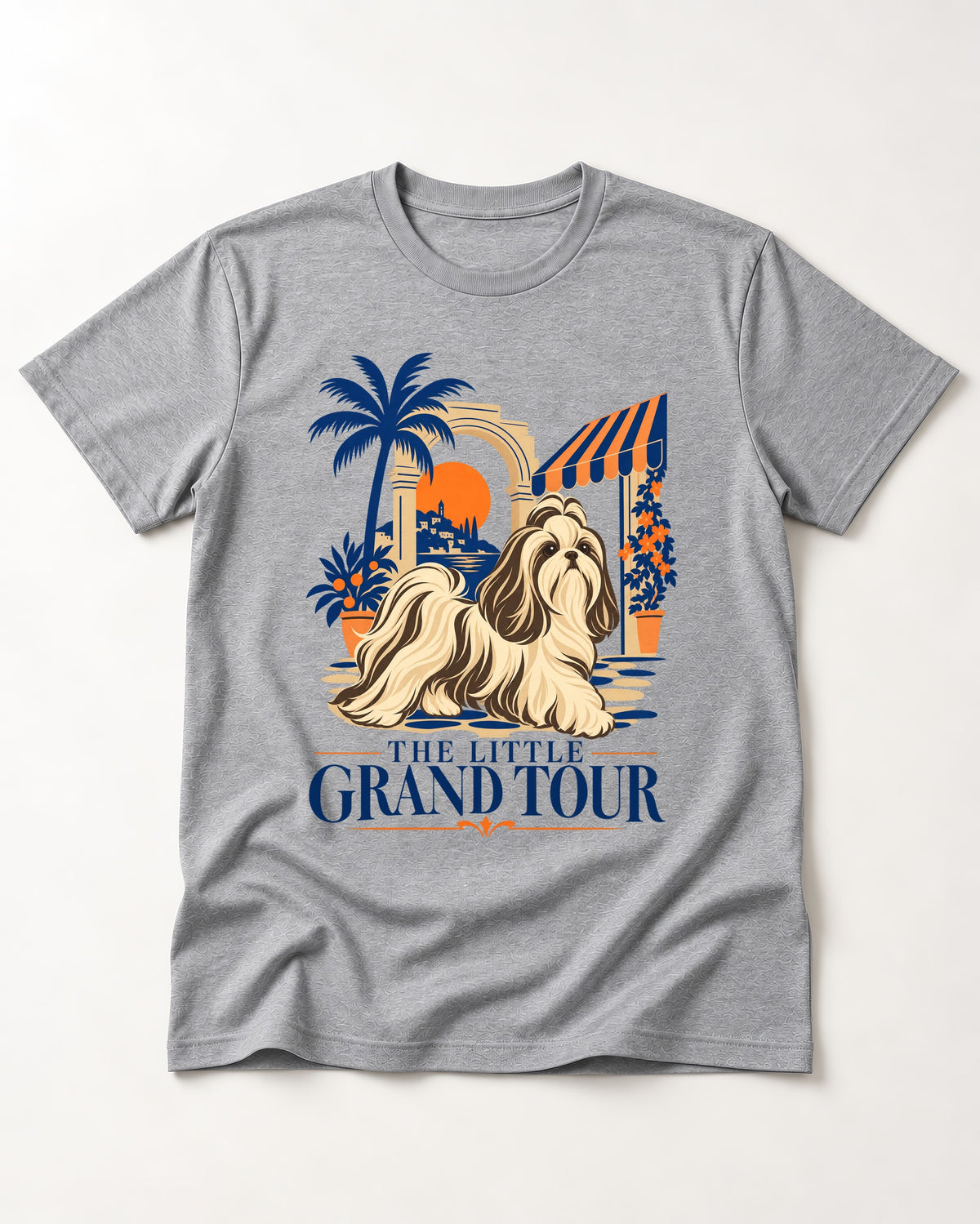 Shih Tzu The Little Grand Tour Mediterranean Courtyard Graphic T-Shirt in Sport Grey, flat lay product photo