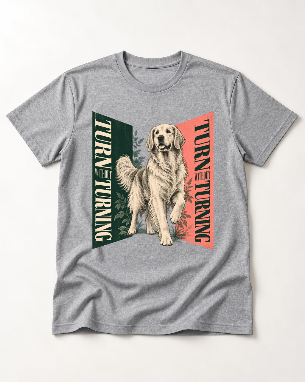 Golden Retriever Turn Without Turning Gateway Graphic T-Shirt in Sport Grey, flat lay product photo