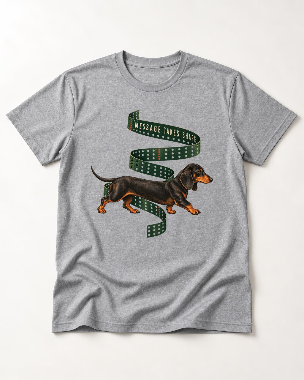 Dachshund Message Takes Shape T-Shirt in Sport Grey, flat lay product photo