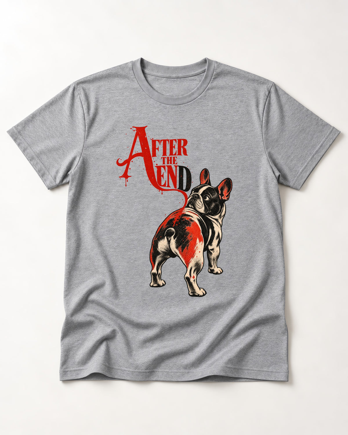Frenchie After the End T-Shirt in Sport Grey, flat lay product photo