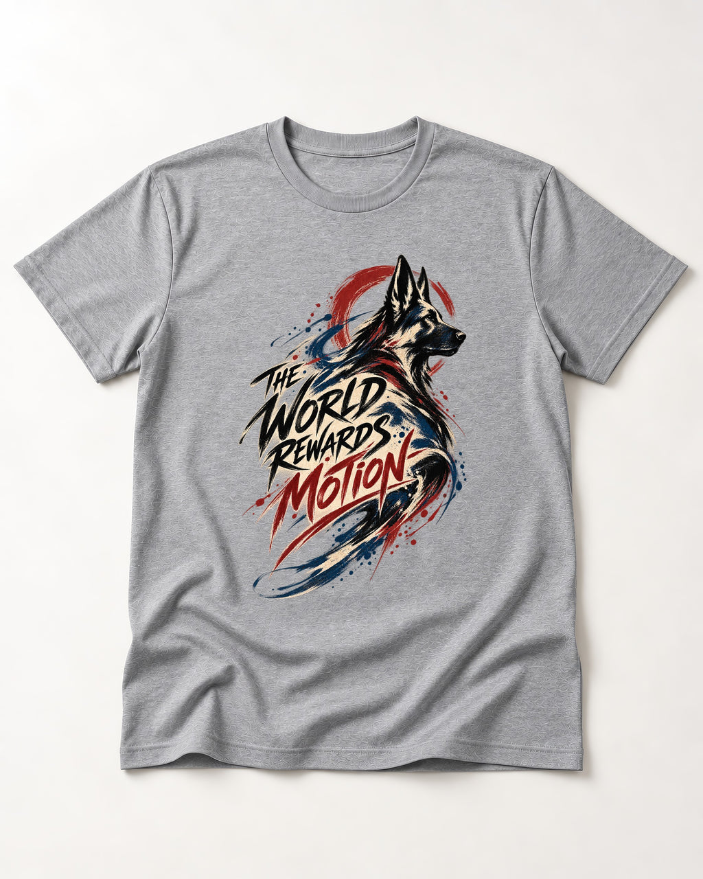 German Shepherd Dog The World Rewards Motion T-Shirt in Sport Grey, flat lay product photo