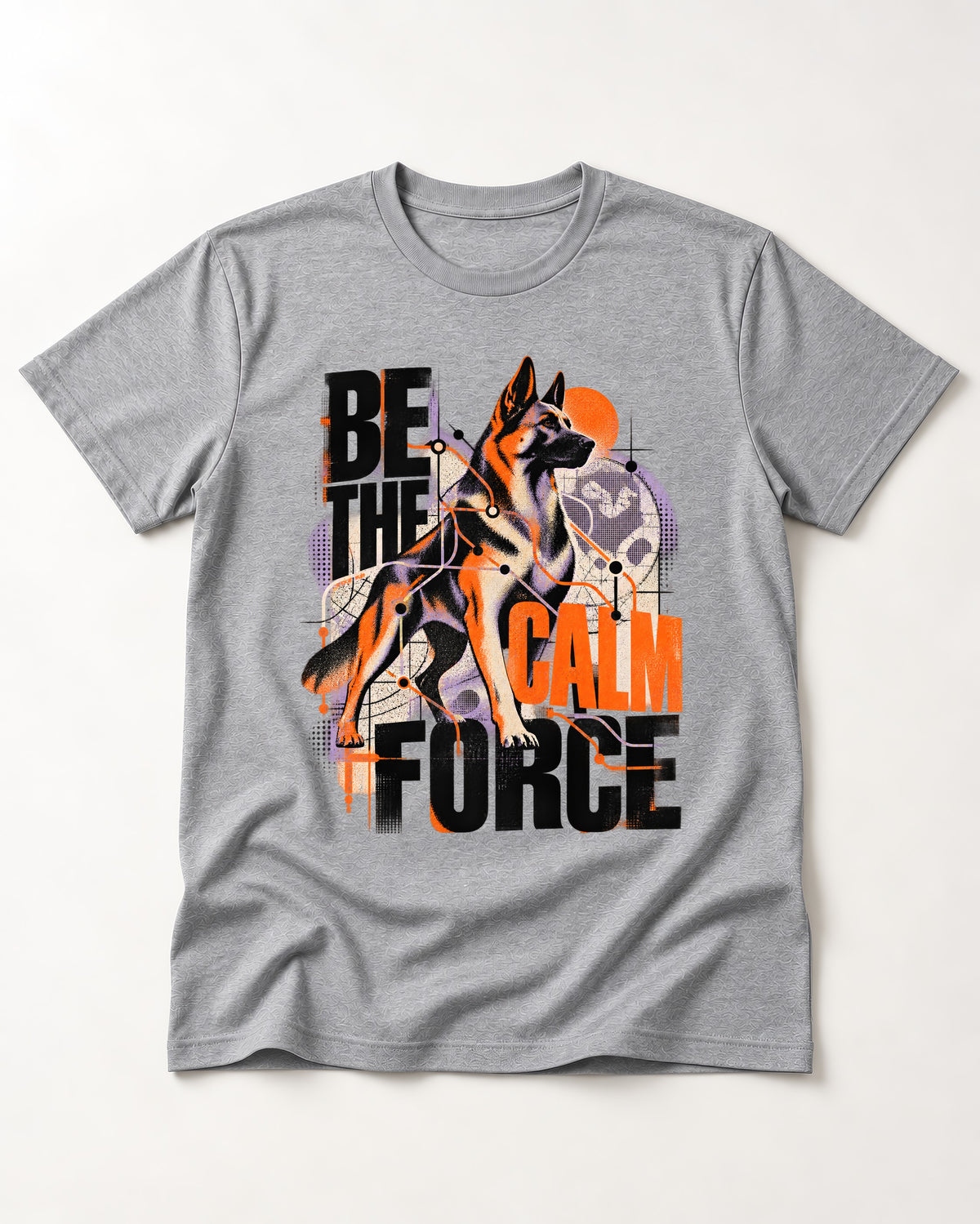 Be the Calm Force German Shepherd Dog T-Shirt in Sport Grey, flat lay product photo