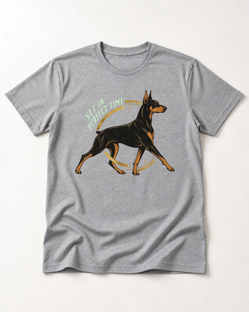 Doberman Set in Perfect Time Clock Stride Graphic T-Shirt in Sport Grey, flat lay product photo