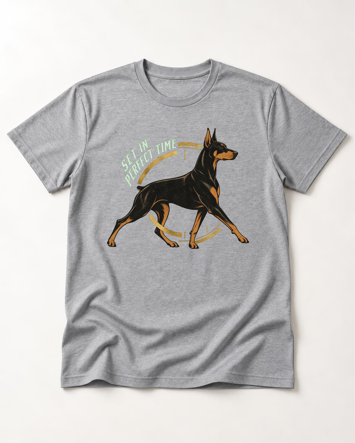 Doberman Set in Perfect Time Clock Stride Graphic T-Shirt in Sport Grey, flat lay product photo
