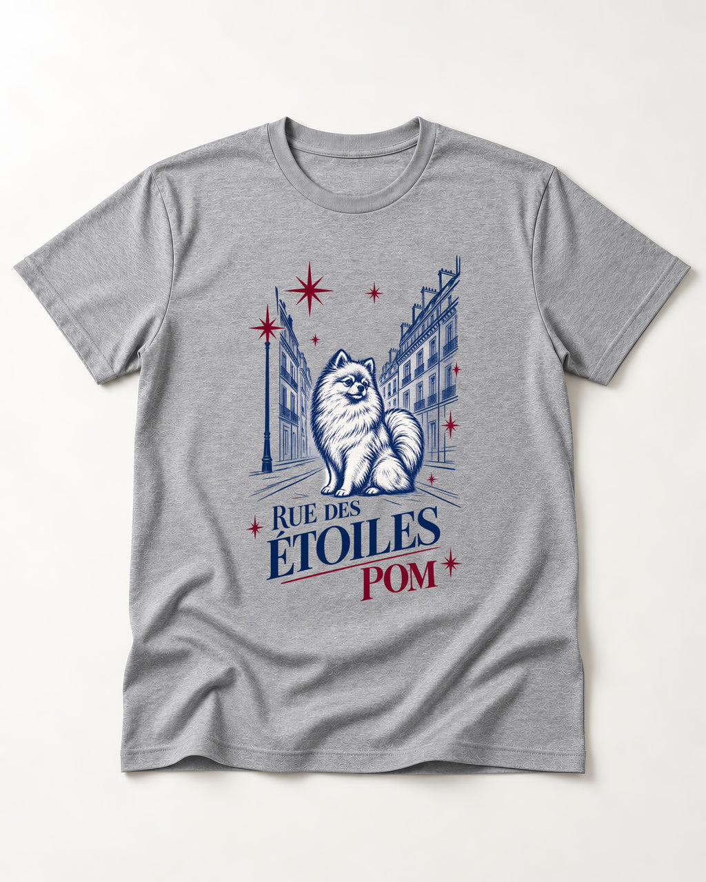 Pomeranian Among the Stars T-Shirt in Sport Grey, flat lay product photo