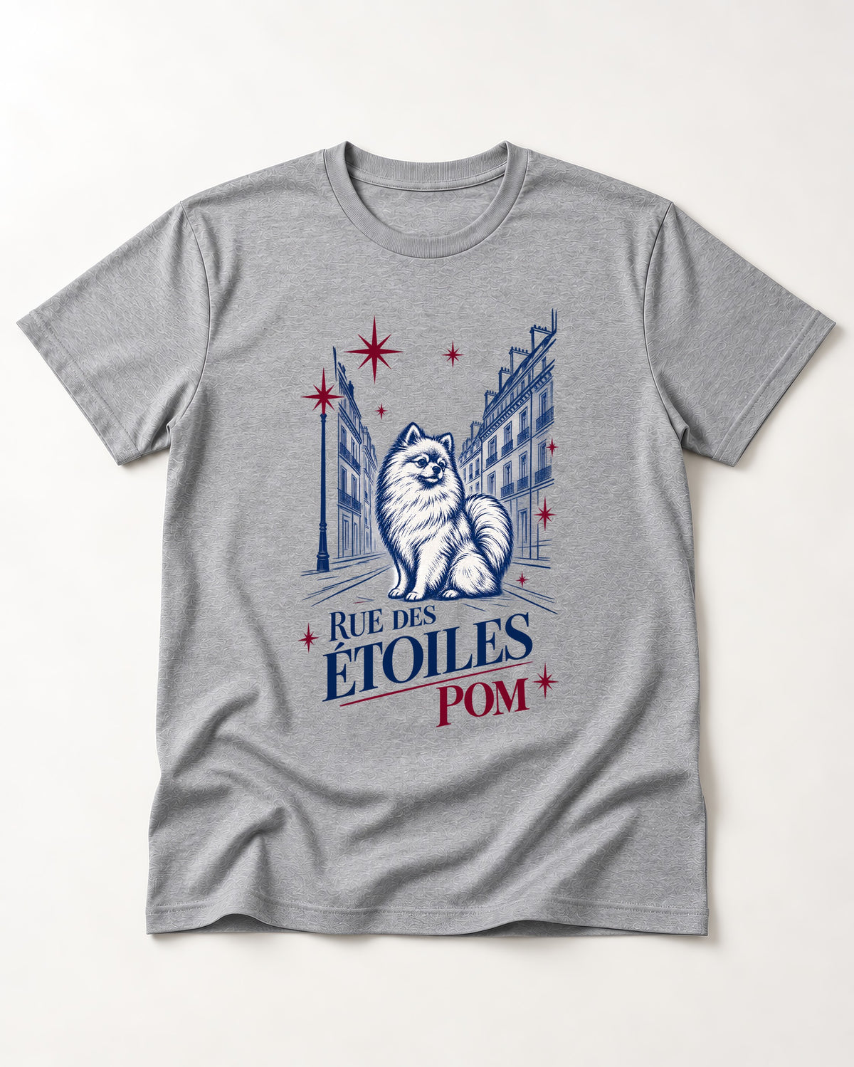 Pomeranian Among the Stars T-Shirt in Sport Grey, flat lay product photo