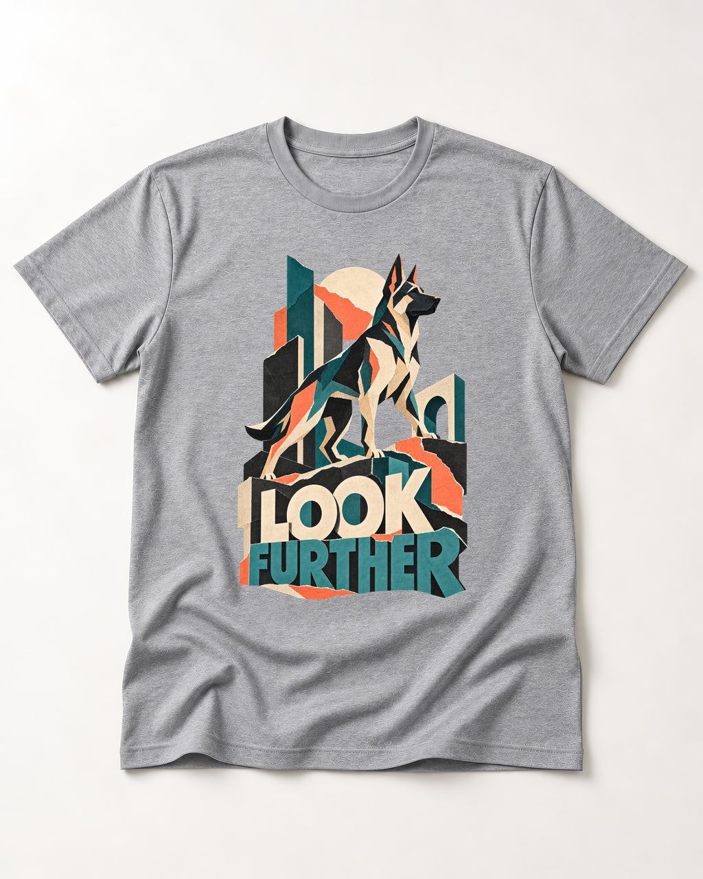 Look Further German Shepherd Dog T-Shirt in Sport Grey, flat lay product photo