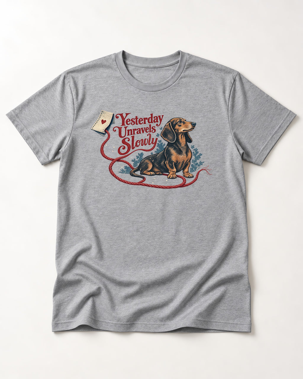 Yesterday Unravels Slowly with Dachshund T-Shirt in Sport Grey, flat lay product photo