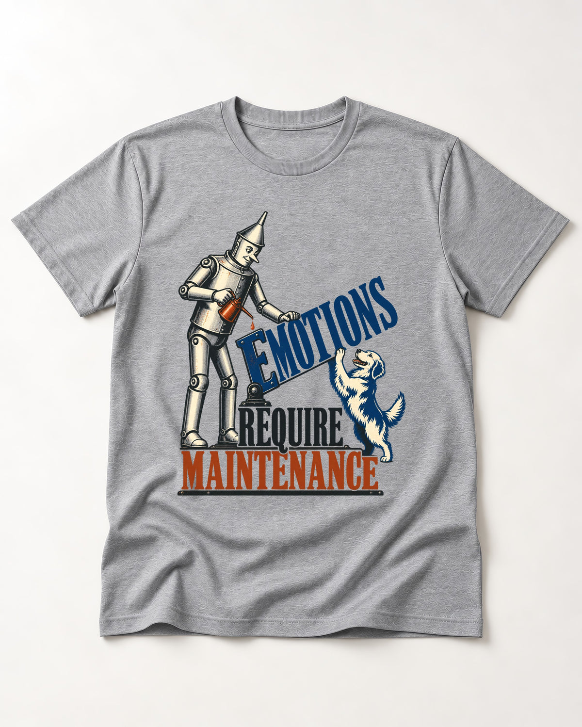 Golden Retriever Emotions Require Maintenance T-Shirt in Sport Grey, flat lay product photo