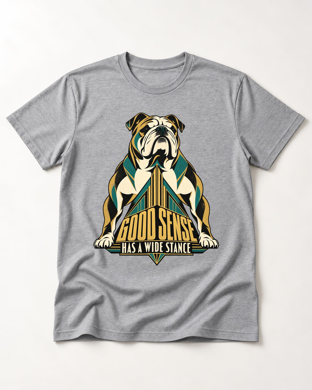 Good Sense Has a Wide Stance English Bulldog Graphic T-Shirt in Sport Grey, flat lay product photo