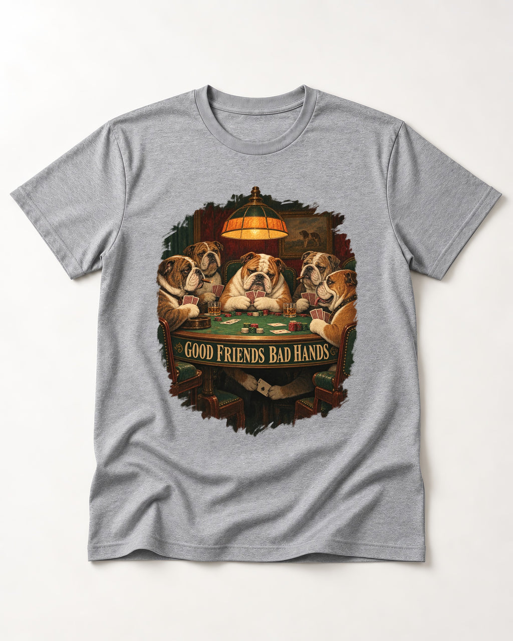 English Bulldog Good Friends Bad Hands Poker Graphic T-Shirt in Sport Grey, flat lay product photo