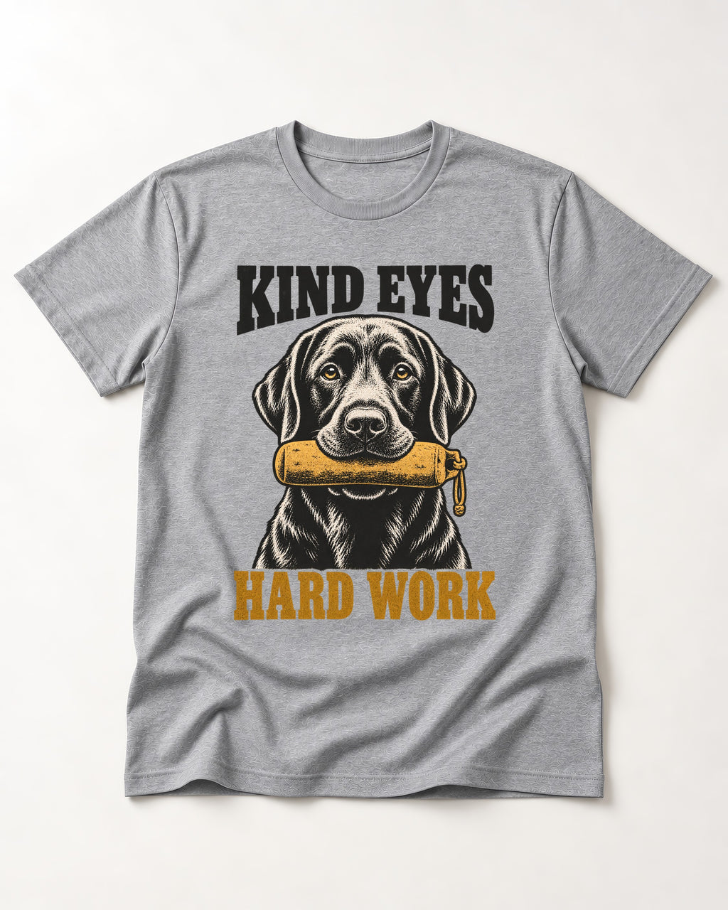 Kind Eyes Hard Work Labrador Retriever T-Shirt in Sport Grey, flat lay product photo