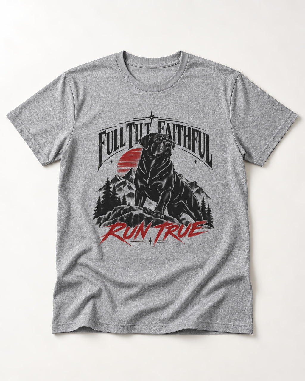 Run True Rottweiler T-Shirt in Sport Grey, flat lay product photo