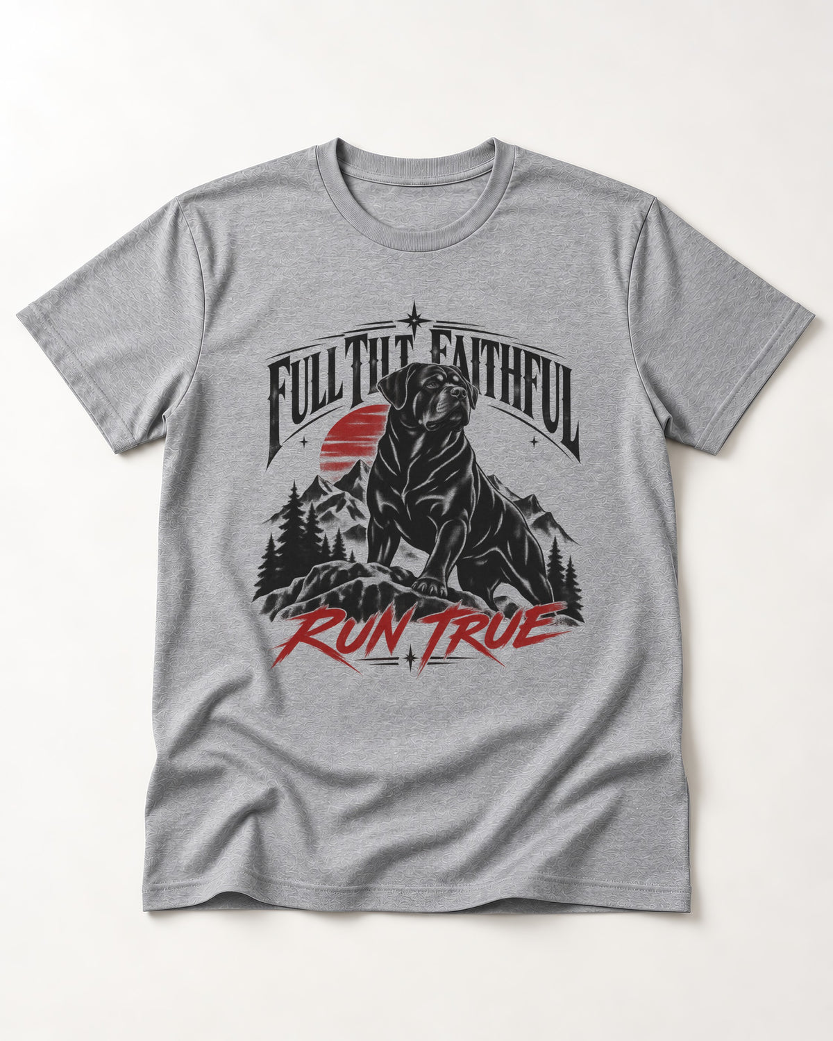 Run True Rottweiler T-Shirt in Sport Grey, flat lay product photo
