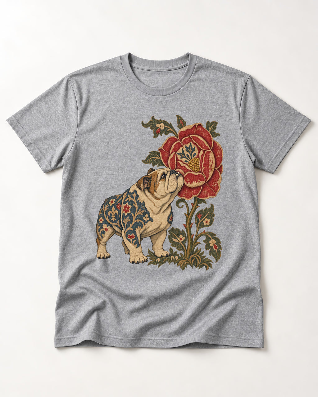 English Bulldog Tender Devotion T-Shirt in Sport Grey, flat lay product photo