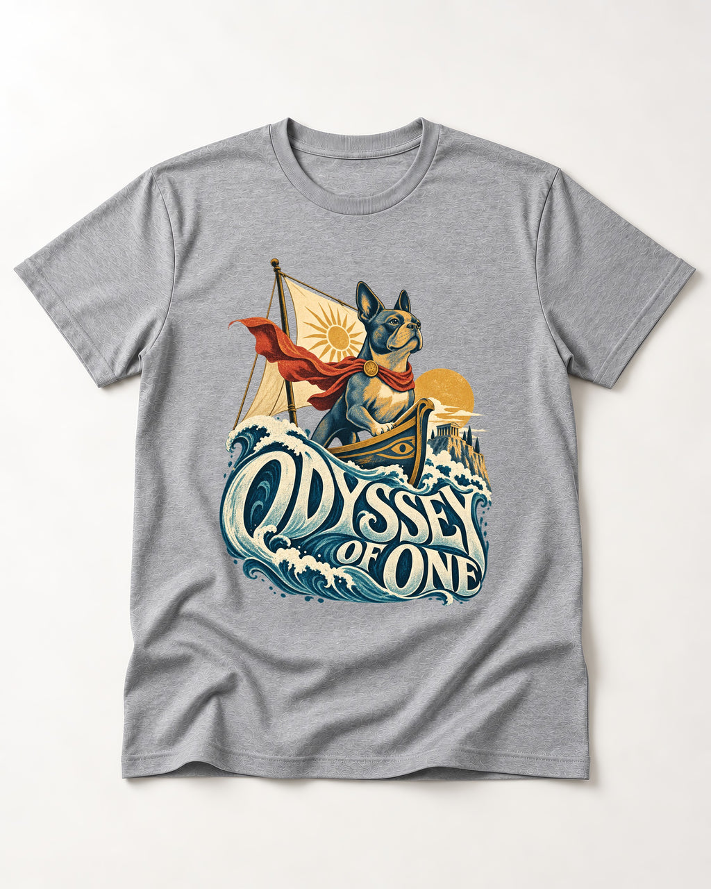 Boston Terrier Odyssey of One T-Shirt in Sport Grey, flat lay product photo