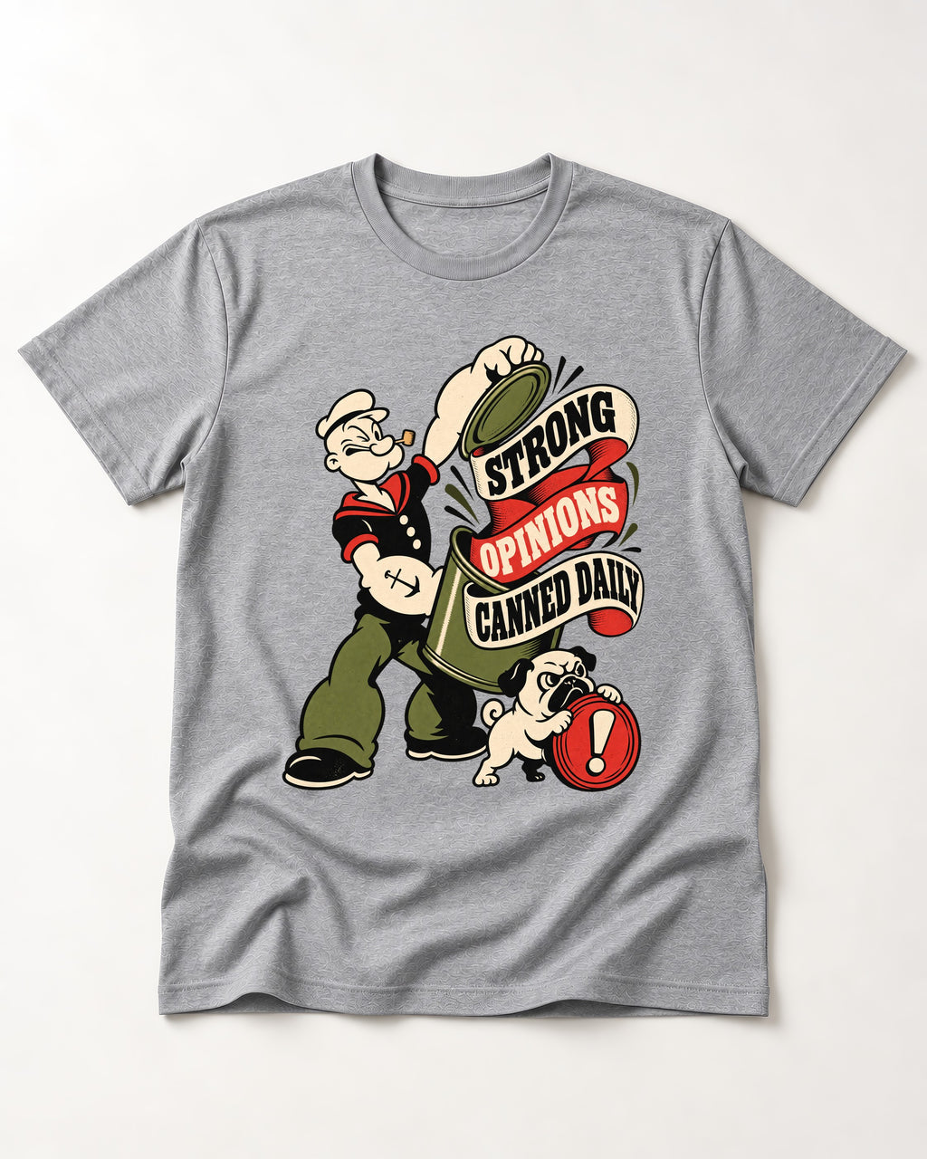 Pug Strong Opinions T-Shirt in Sport Grey, flat lay product photo