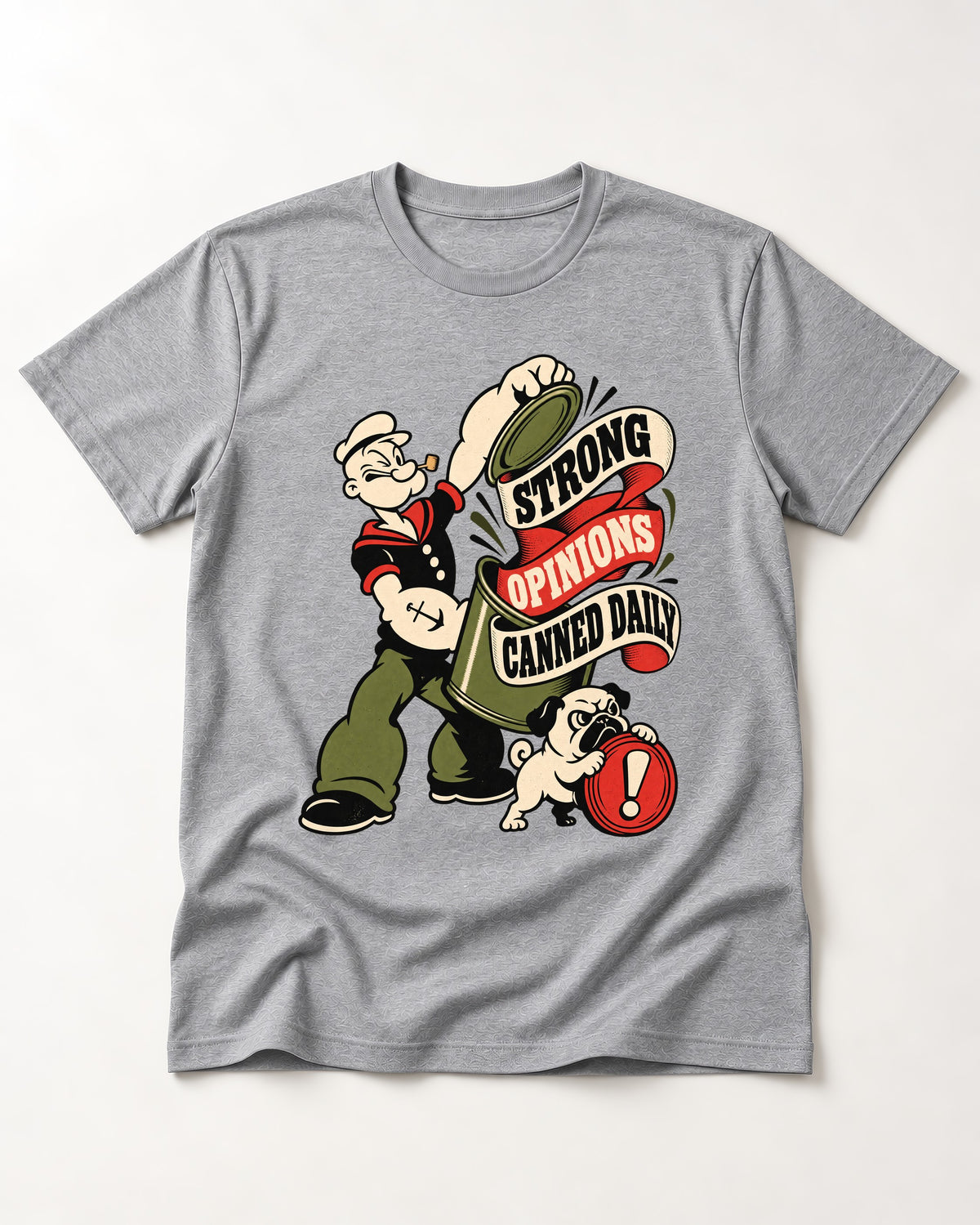Pug Strong Opinions T-Shirt in Sport Grey, flat lay product photo