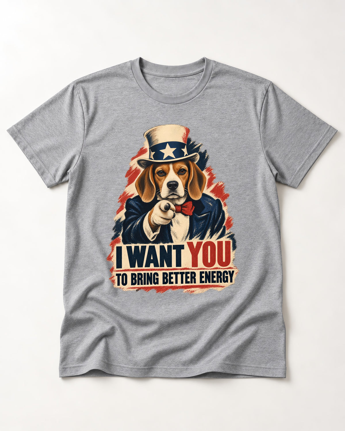 Bring Better Energy Beagle Uncle Sam T-Shirt in Sport Grey, flat lay product photo