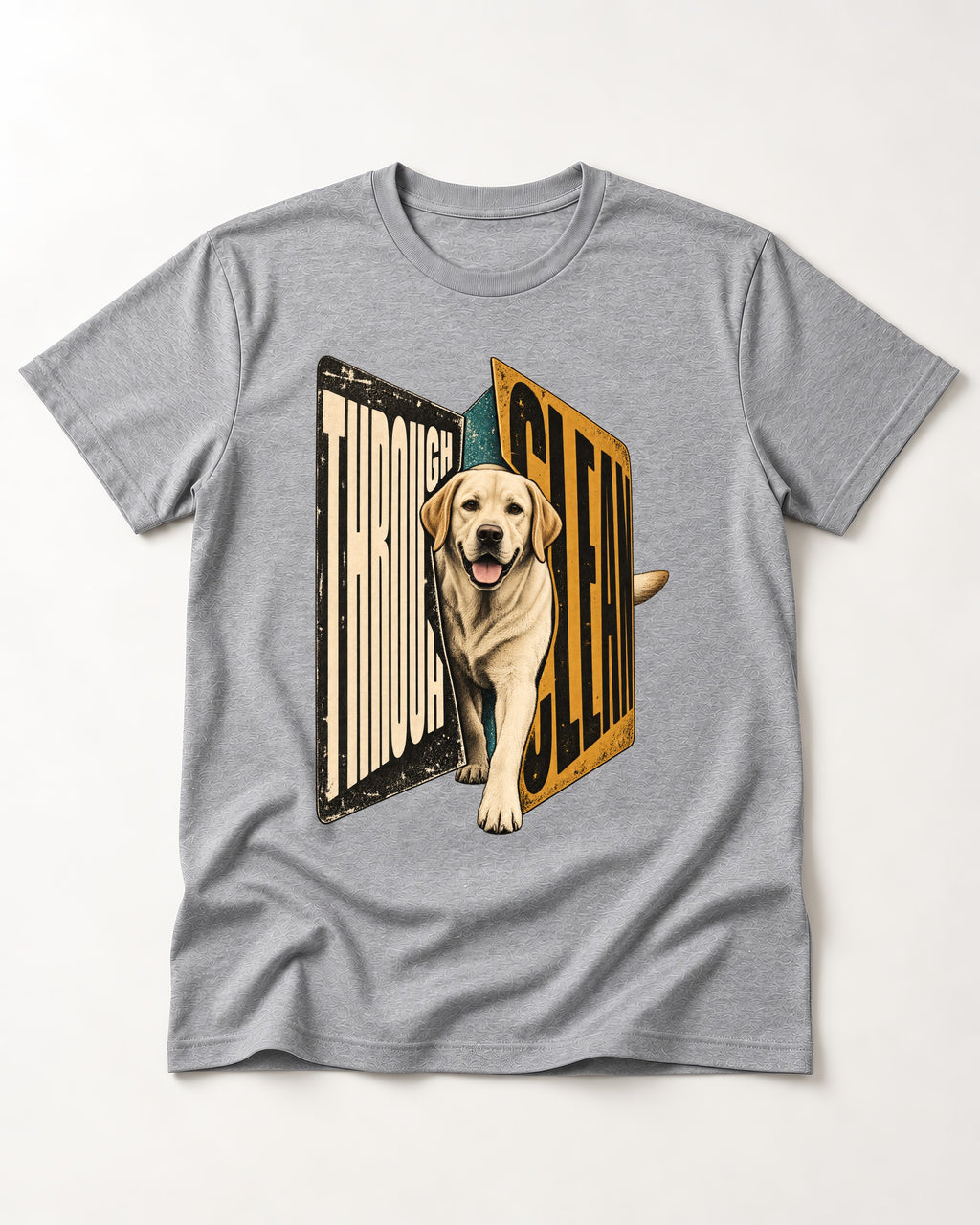 Labrador Retriever Through Steel Split Sign Graphic T-Shirt in Sport Grey, flat lay product photo