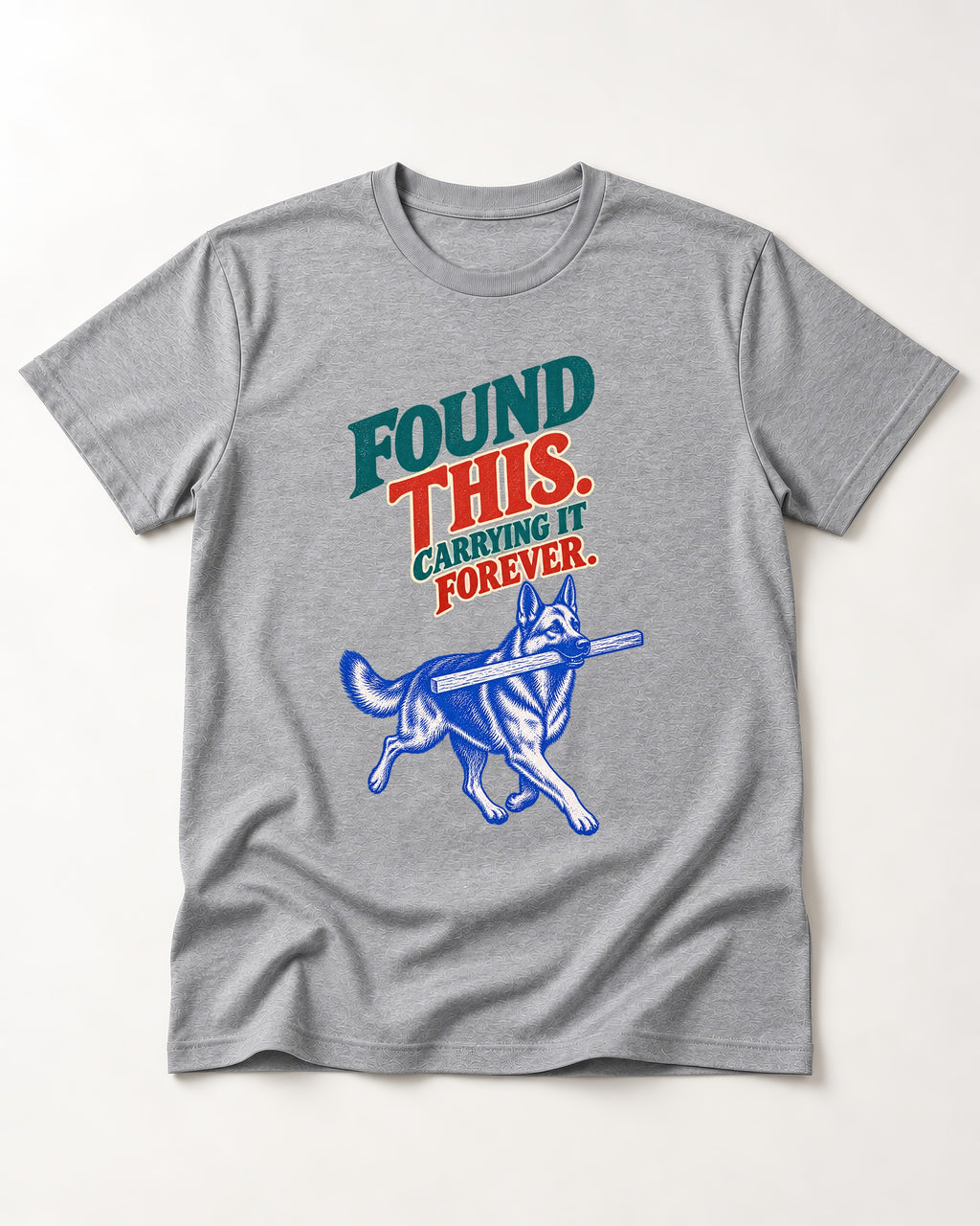 German Shepherd Dog Carrying It Forever T-Shirt in Sport Grey, flat lay product photo
