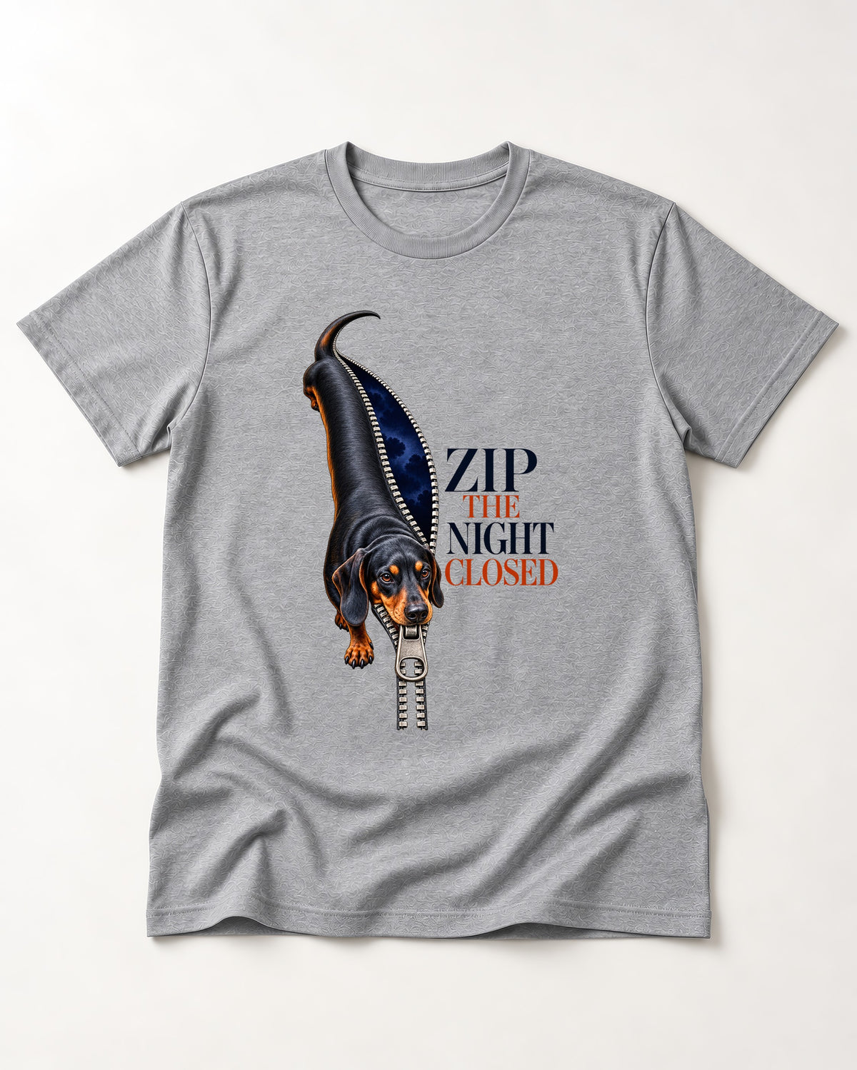 Zip the Night Closed Dachshund T-Shirt in Sport Grey, flat lay product photo