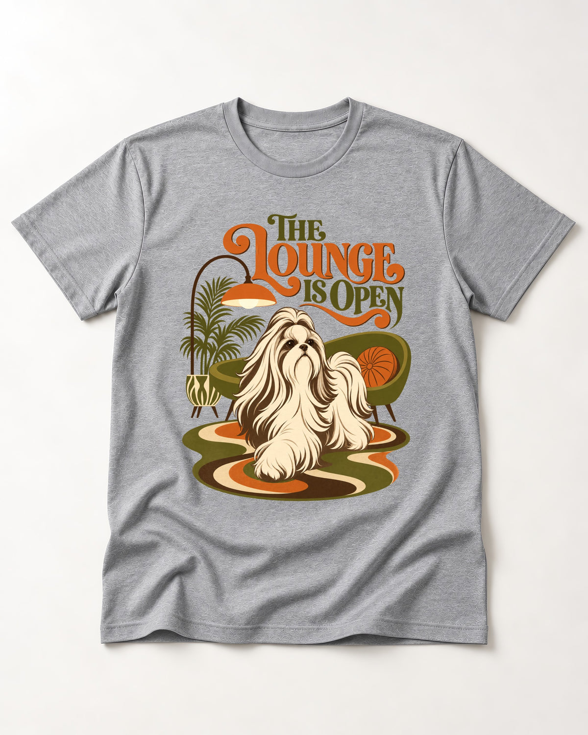 The Shih Tzu Lounge Is Open T-Shirt in Sport Grey, flat lay product photo