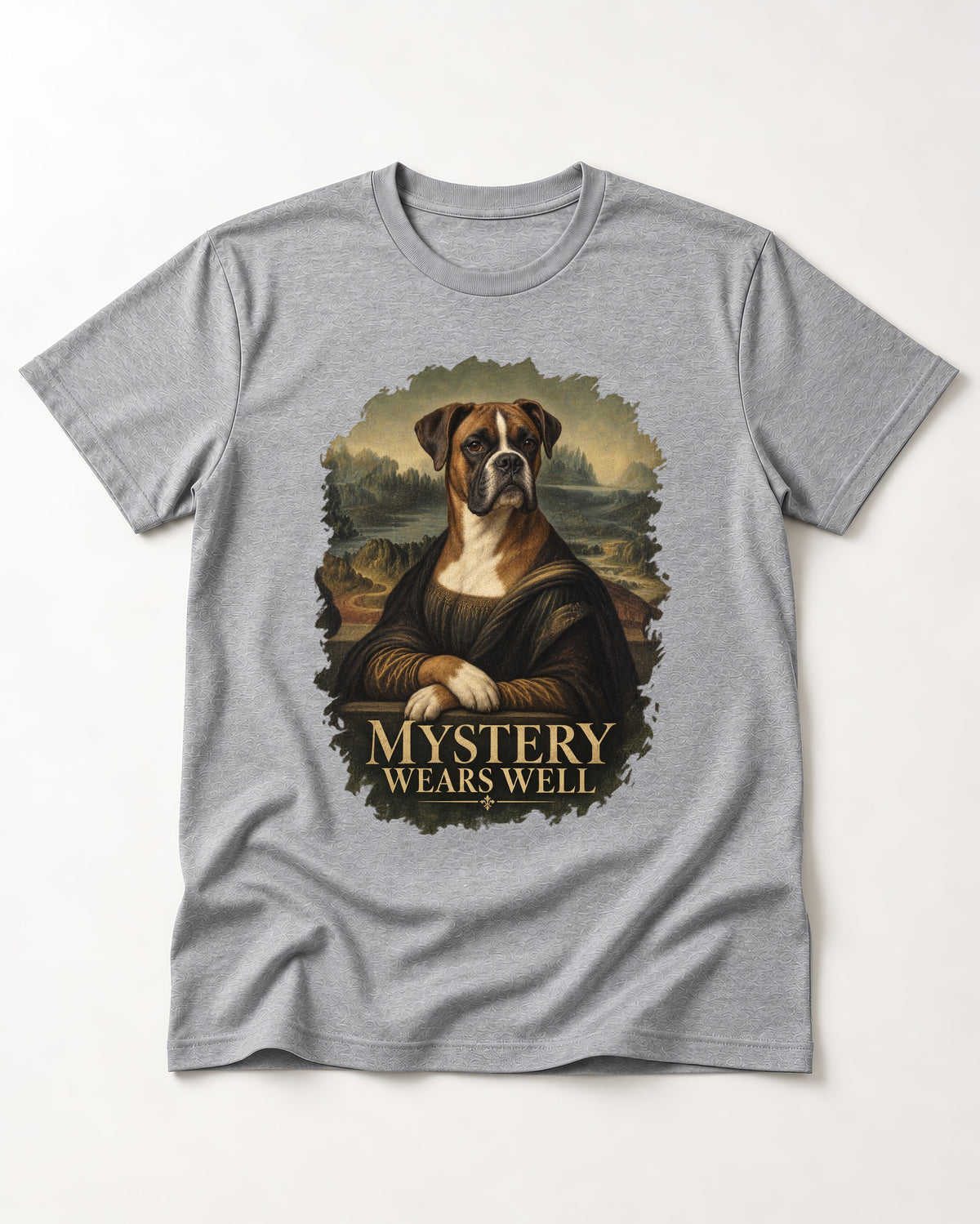 Mystery Wears Well Boxer Mona Lisa Portrait T-Shirt in Sport Grey, flat lay product photo