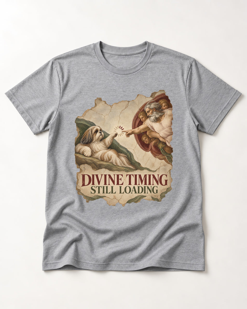 Shih Tzu Divine Timing Still Loading Renaissance Parody Graphic T-Shirt in Sport Grey, flat lay product photo