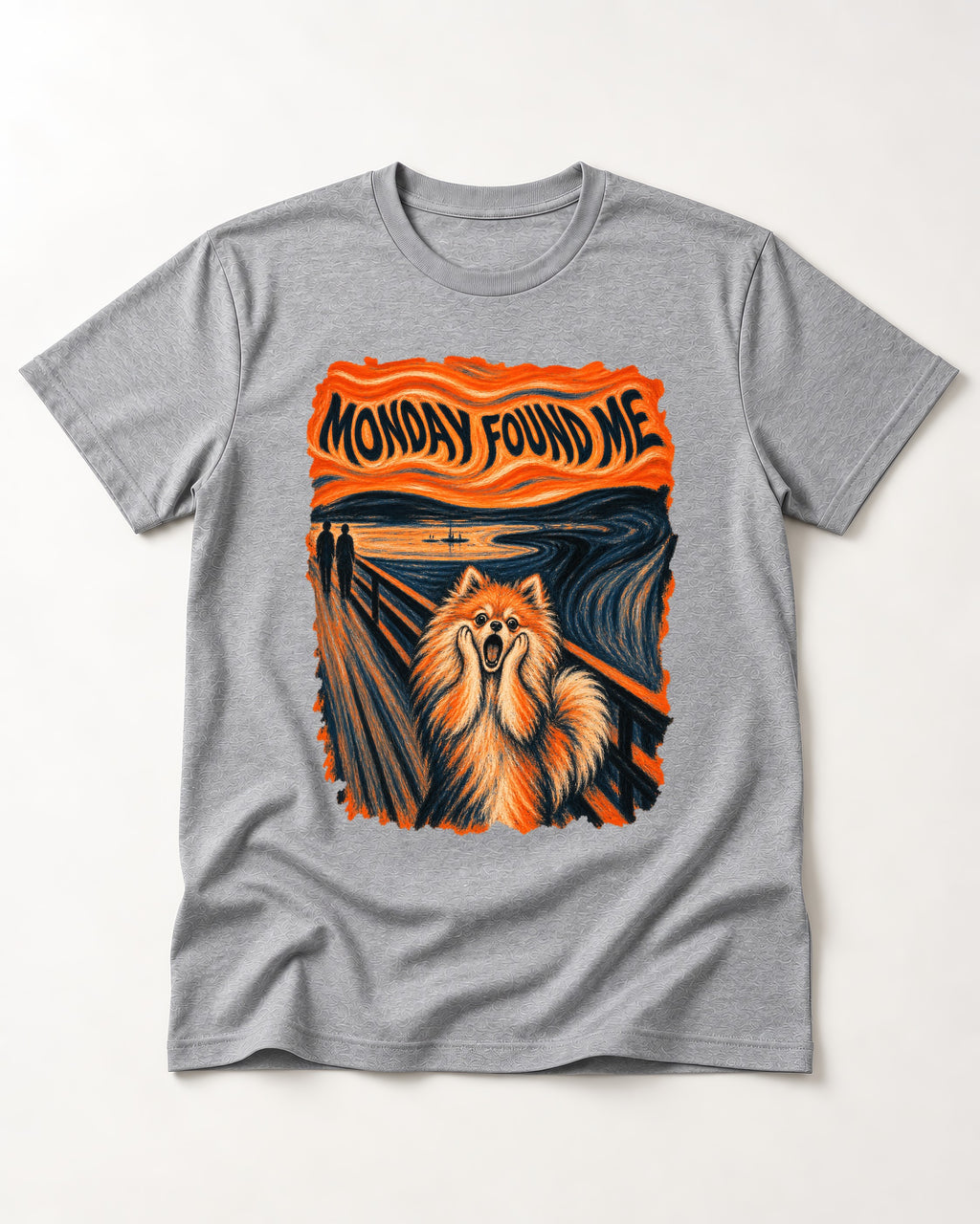 Pomeranian Monday Found Me Scream Parody Graphic T-Shirt in Sport Grey, flat lay product photo