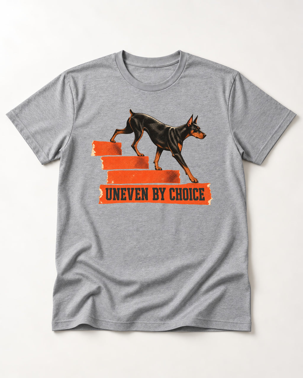 Doberman Uneven by Choice Stair Graphic T-Shirt in Sport Grey, flat lay product photo