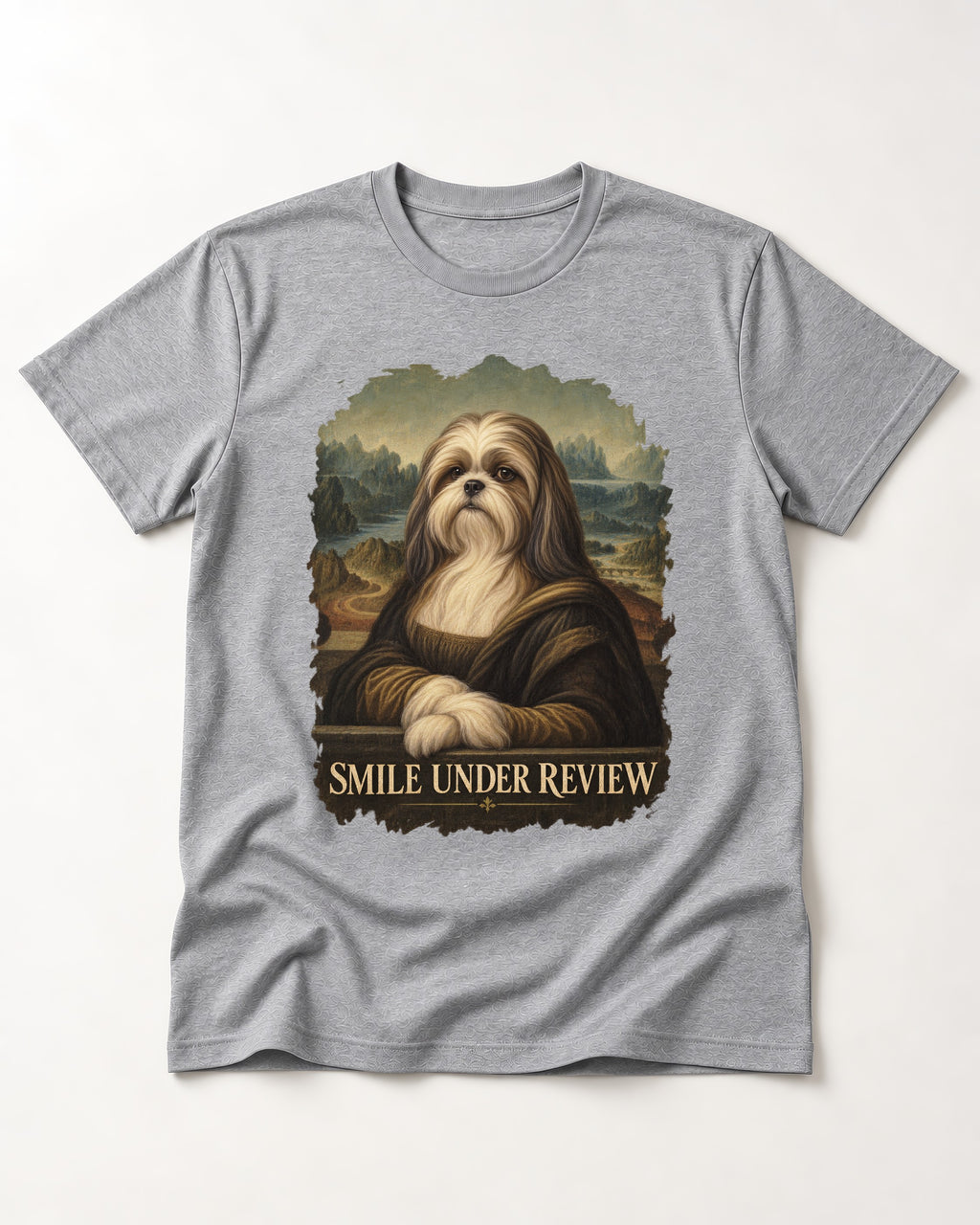 Shih Tzu Smile Under Review Old Master Portrait Graphic T-Shirt in Sport Grey, flat lay product photo